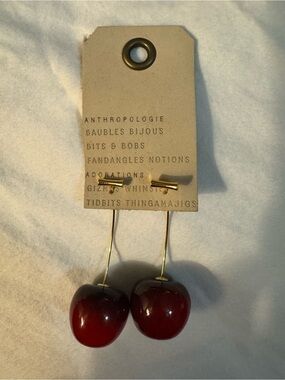 NWT - Anthropologie Glossy Cherry Drop Earrings in Dark Red with Gold Stems